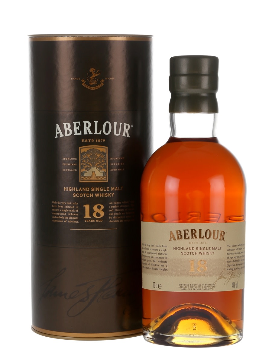 Aberlour 18 Year Old. Finished in sherry barrels, this Speyside single malt pleases my palate with its rich taste of apple and orange, followed by a smooth chocolaty finish.