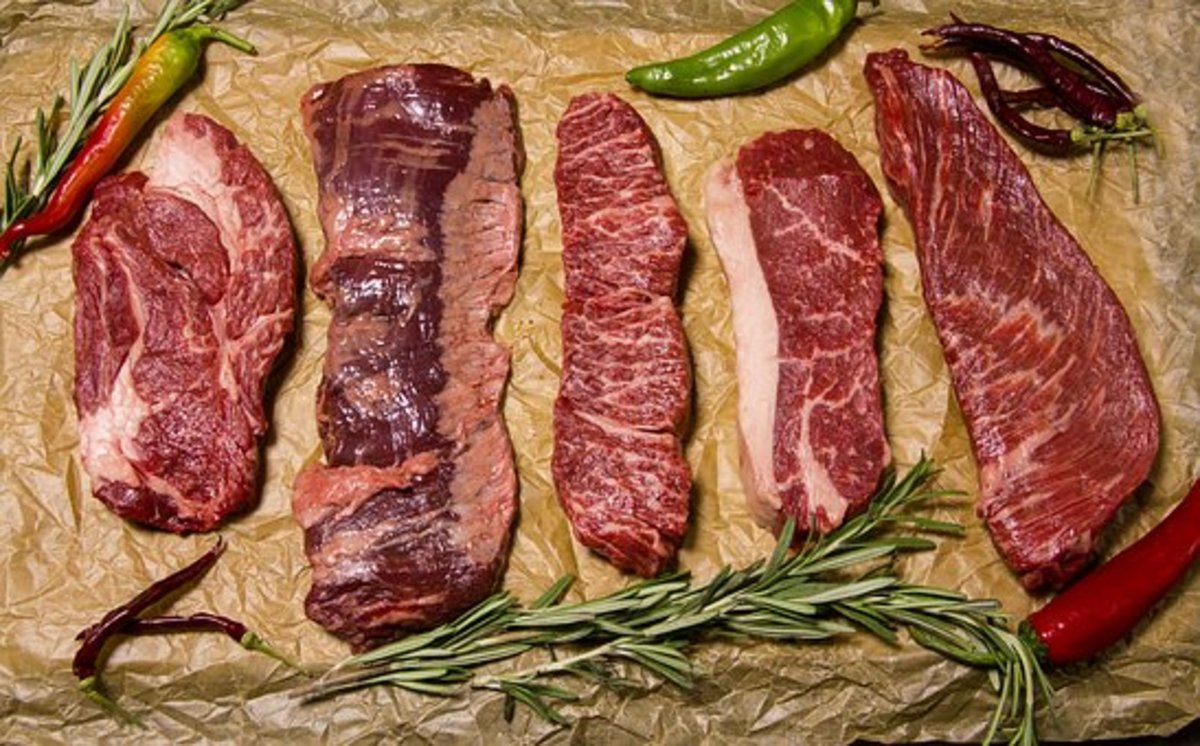 Beef cuts have varying amounts of marbling (fat content)