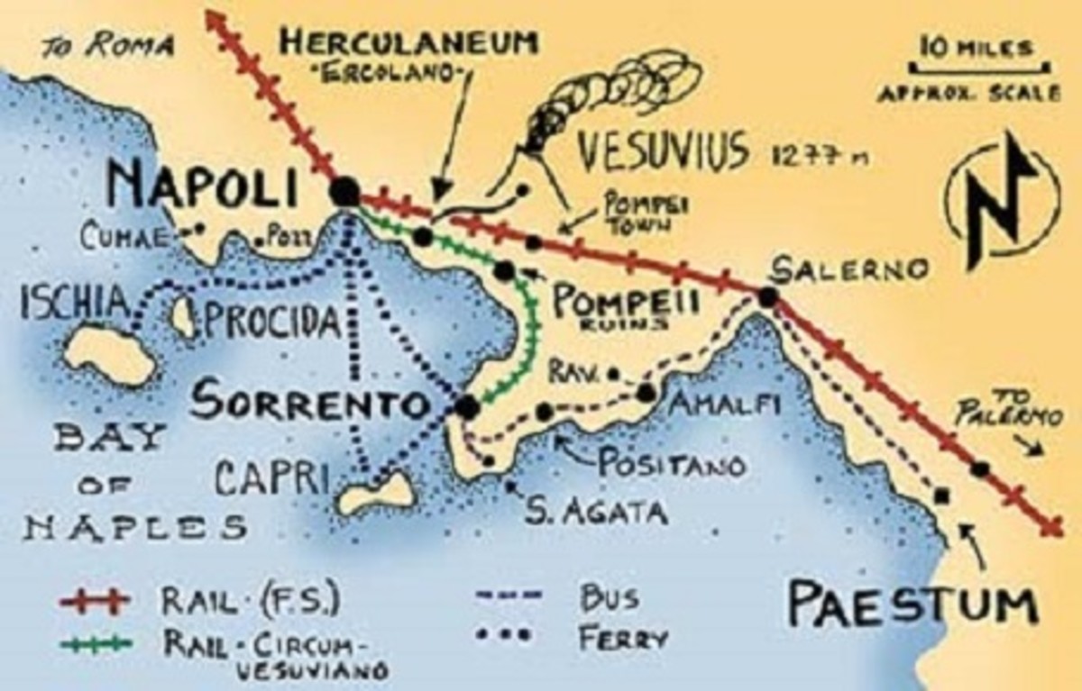Map showing the location of Positano, the Isle of Capri, and the Amalfi Coast