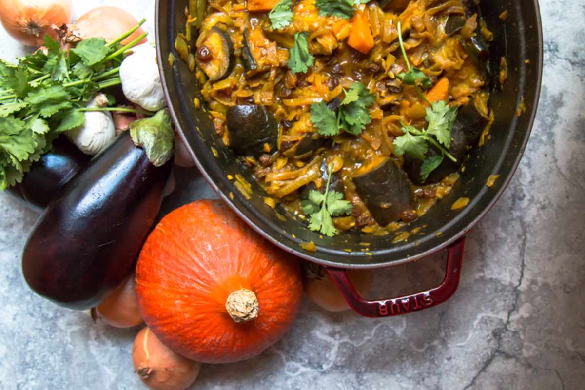 Eggplant (aubergine) and pumpkin tagine with caramelized onions