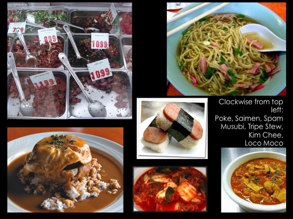 Clockwise from top left: poke, saimin, spam musubi, tripe stew, kimchee, loco moco