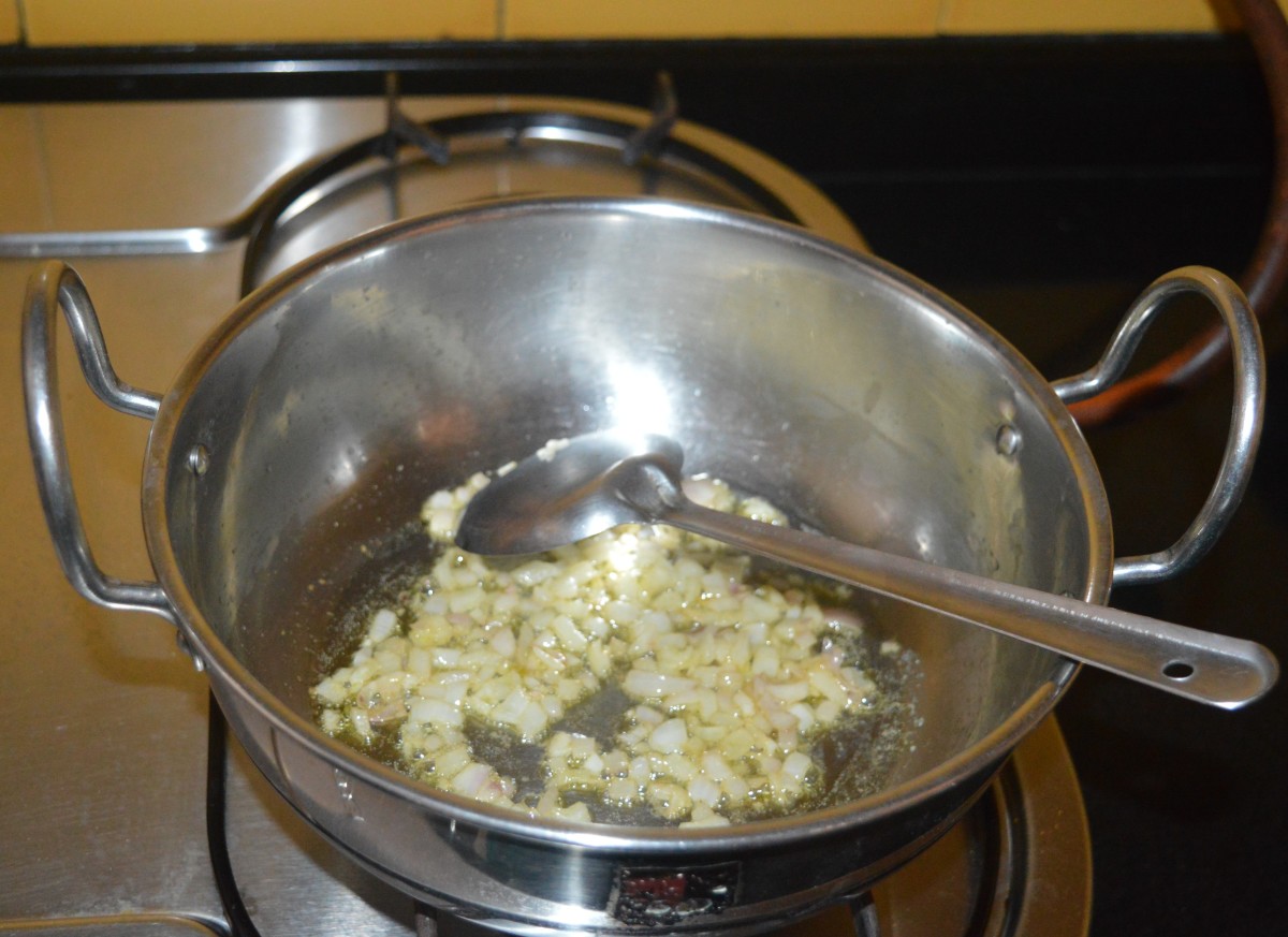 Step two: Saute the chopped onions in butter until they become transparent.