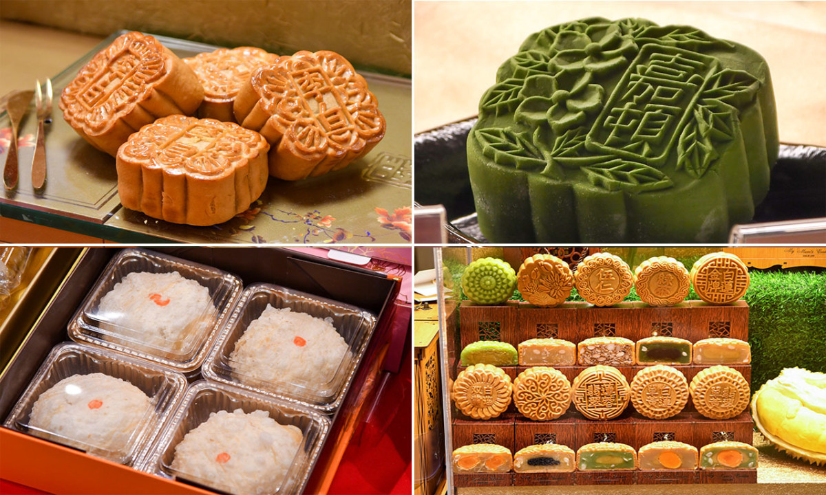 There are many regional variations of mooncakes. Clockwise from top left: Traditional, snow skin, a display featuring popular fillings, and chao shan.