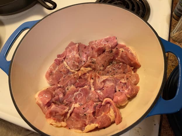 The chicken thighs will need about 12-15 minutes to get a good sear. This will provide a lot of flavor in the final product. 